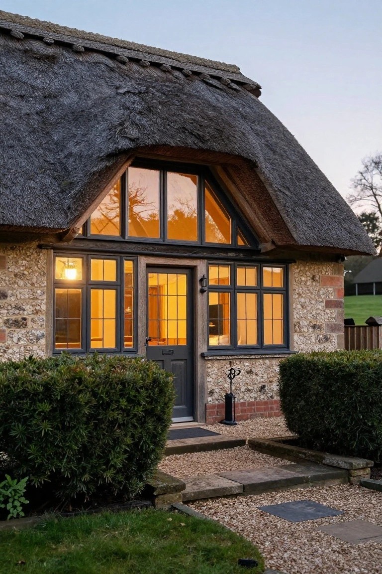 Thatched roof cottage exterior at dusk with large triangular window in gable above front door, flint stone walls, dark window frames, boxwood shrubs flanking steps, and gravel path.