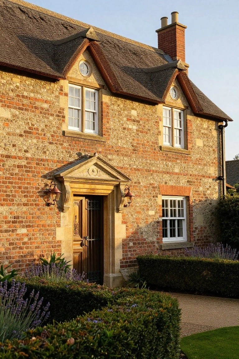 Two-story thatched cottage with knapped flint and brick walls, gabled rooflines, pedimented wooden front door with iron grilles and lanterns, flanked by boxwood hedges and lavender plants.