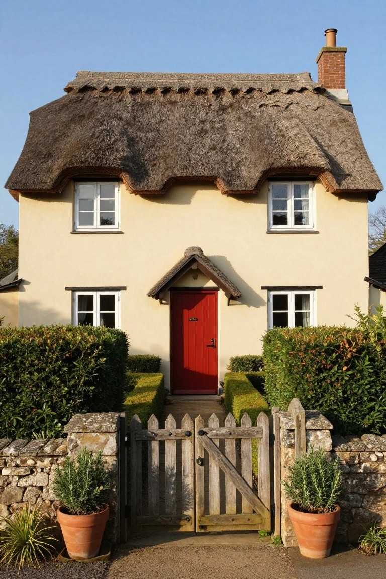 Cream-colored thatched-roof cottage with red front door, white-framed windows, clipped green hedges, wooden picket gate, stone walls, and terracotta pots with rosemary and grasses.