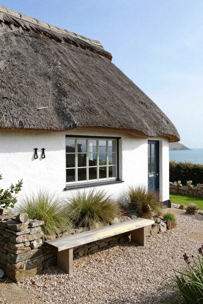 White rendered thatched cottage exterior with blue front door, large window, rustic wooden bench on stone base amid gravel groundcover, ornamental grasses, and stone wall, with ocean view beyond.