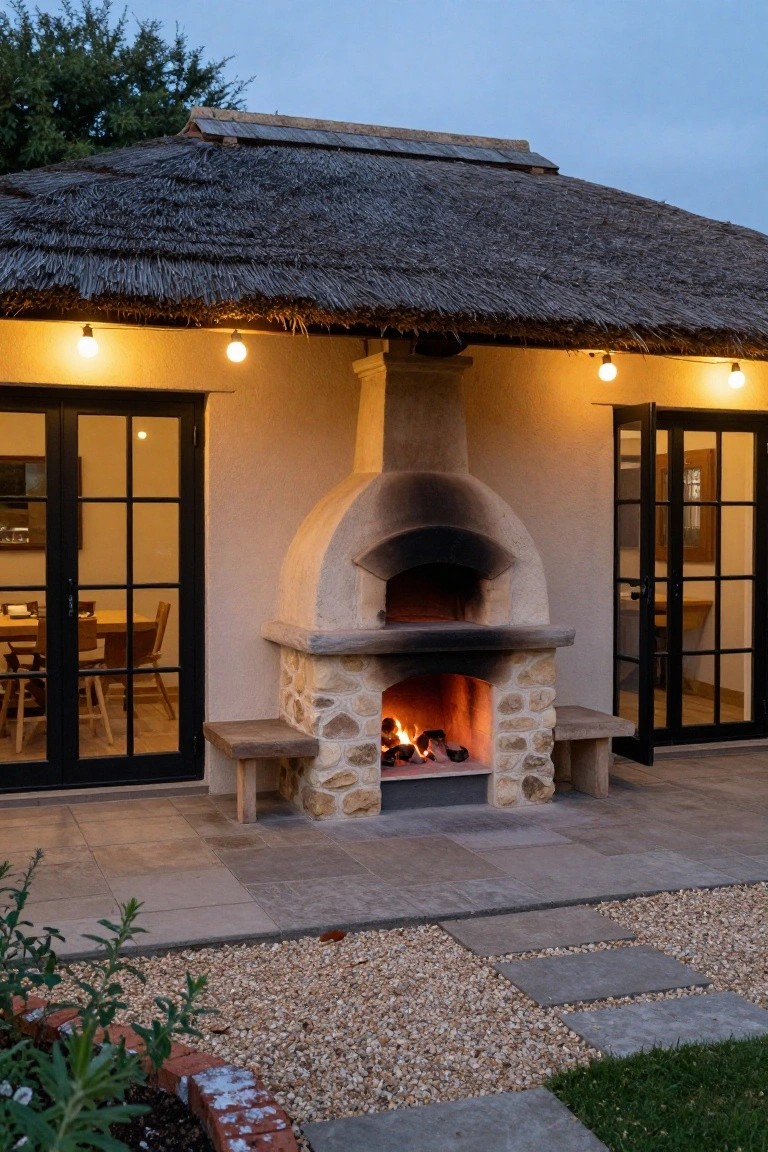 Thatched roof cottage exterior featuring a built-in arched stone wood-fired oven with fire inside on a paved patio, flanked by black-framed glass doors, wooden bench seats, and gravel garden bed.