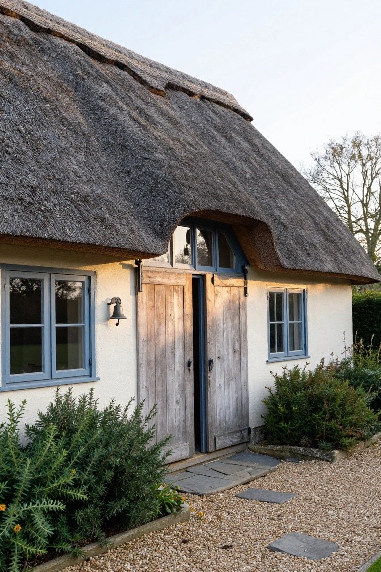 A thatched roof cottage with large open wooden double doors under a curved thatch overhang, flanked by blue windows, shrubs, and a gravel path with stone steps.