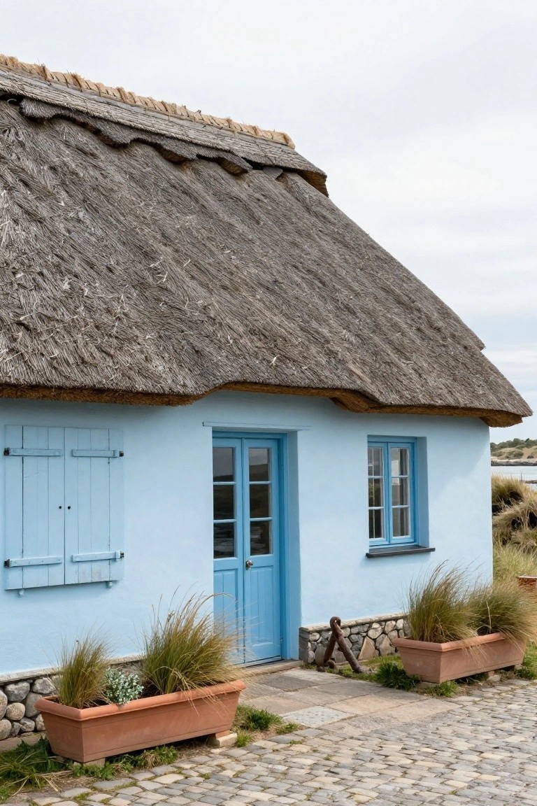 Light blue thatched-roof cottage with blue shutters, door, and window frames, terracotta planters with ornamental grasses on either side, stone base, and anchor on cobblestone path.