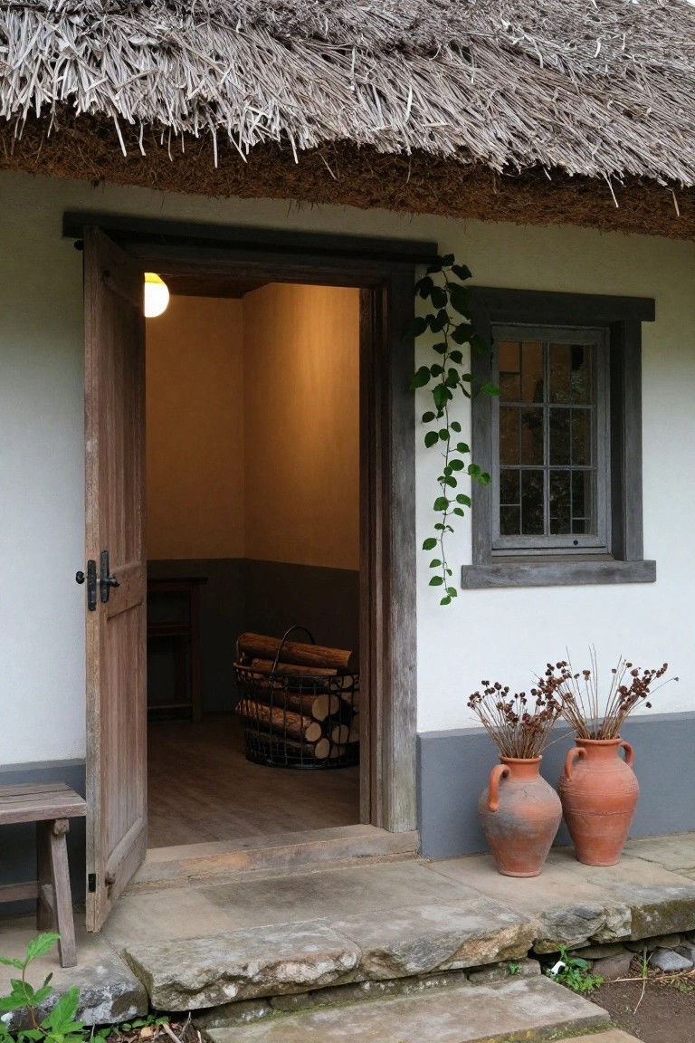 Thatched roof cottage exterior with open wooden door showing warm interior light, flanked by two large terracotta pots holding dried grasses on stone steps, plus a wooden bench and firewood basket nearby.