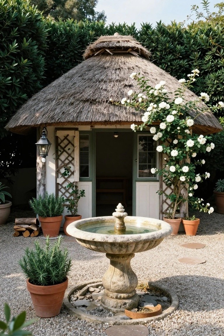 Small thatched-roof building with white lattice shutters, open green door, white climbing roses on trellis, stone fountain on gravel ground, potted plants, and surrounding hedges.