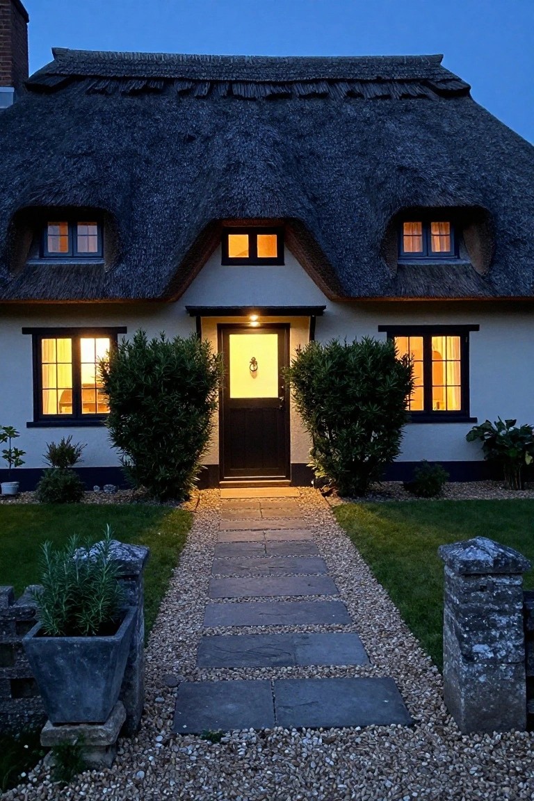 Thatched cottage exterior at dusk with white walls, black front door, lit windows and porch light, stone slab path through gravel bordered by low plants and shrubs leading to the entrance.