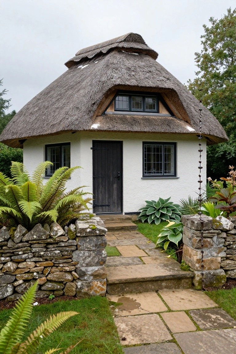 Small white-rendered cottage with thick curved thatched roof, black wooden front door, leaded windows, stone walls and steps at entrance, surrounded by ferns, hostas, and grass.