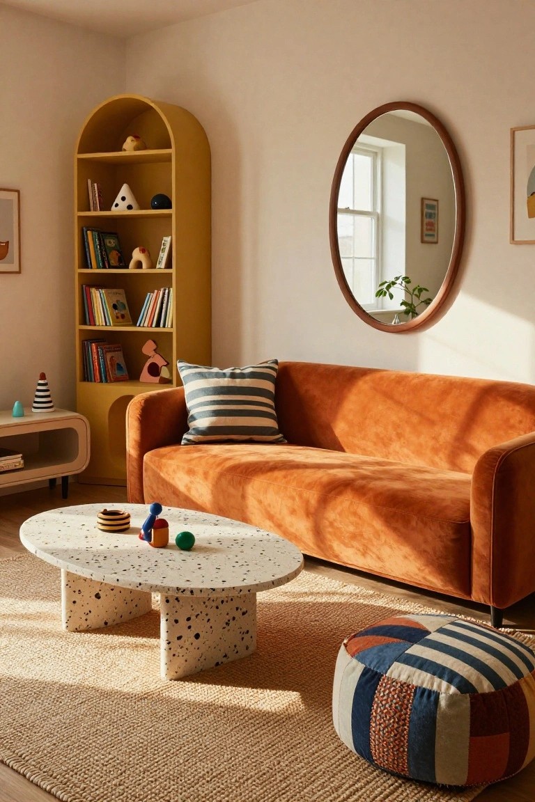 A sunlit living room corner featuring a tall arched yellow bookshelf filled with books and toys, an orange velvet sofa, a white polka-dotted coffee table with wooden toys, and a round mirror on the wall.
