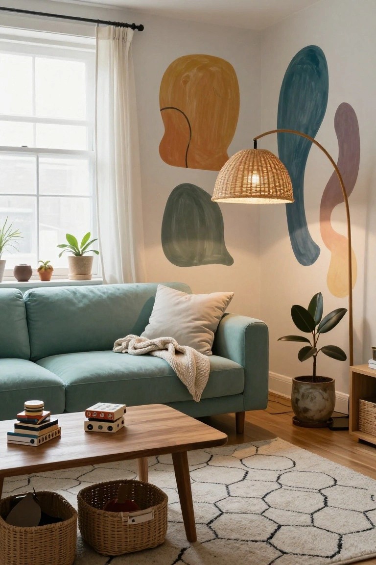 A living room with teal sofa draped in a white throw, wooden coffee table with stacked books and wicker baskets, abstract organic shapes painted on white wall in orange teal green and purple, tall arched rattan lamp lit up, potted plants on windowsill and floor, hexagonal white rug on wood floor.