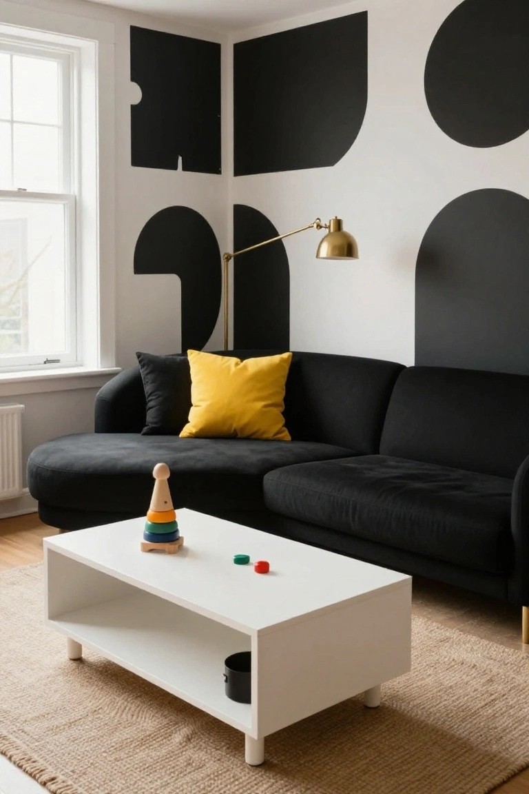 Modern living room featuring white walls with large black geometric shapes including arcs and circles, black curved sofa with yellow pillow, white coffee table holding wooden stacking toys and red blocks, gold arc lamp, and beige rug on wood floor.