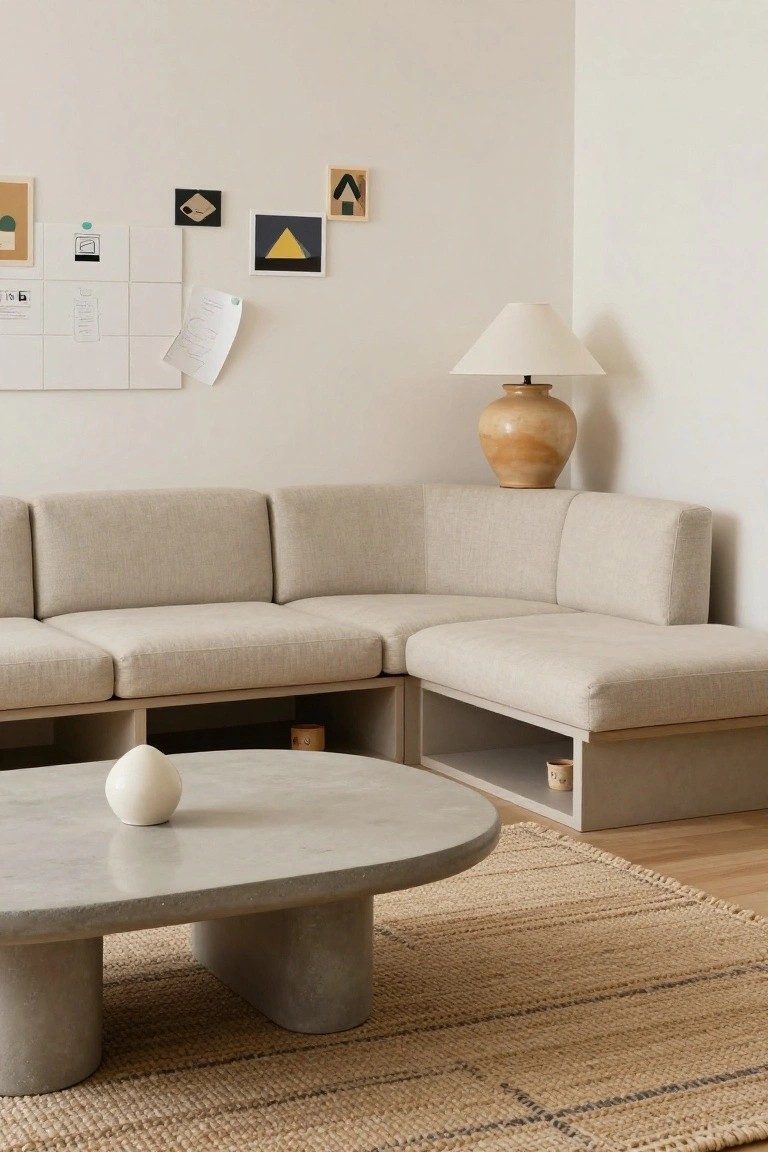 Beige L-shaped built-in sofa in a light corner living room with under-shelf storage, rounded concrete coffee table holding a white vase, ceramic lamp on a wooden shelf, and assorted wall art above a seagrass rug.