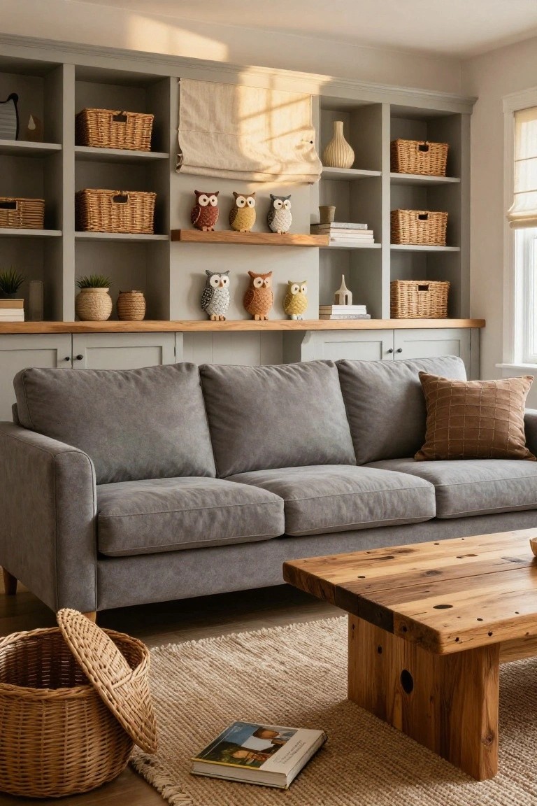 A living room with tall gray built-in shelving units filled with wicker baskets, ceramic owls, plants, vases, and books, a gray three-seater sofa, rustic wooden coffee table on a beige rug, and window with sheer shades.