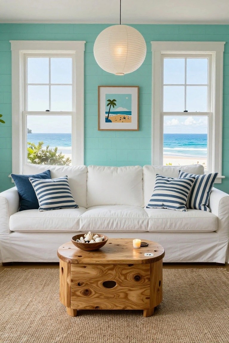 Living room with light turquoise shiplap walls, white slipcovered sofa with navy striped pillows, oval wooden coffee table holding a bowl and candle, paper lantern light, beach artwork, and large windows overlooking ocean and beach.