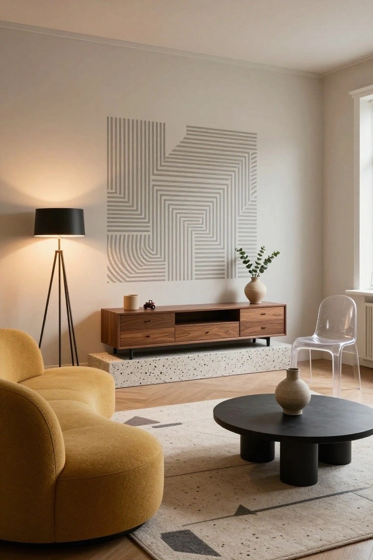 Modern living room with mustard yellow curved fabric sofa, black round coffee table on beige geometric rug, wooden low TV cabinet on terrazzo plinth, black tripod floor lamp, geometric striped wall decal on light beige walls, clear acrylic chair, potted plants, and light oak parquet flooring.