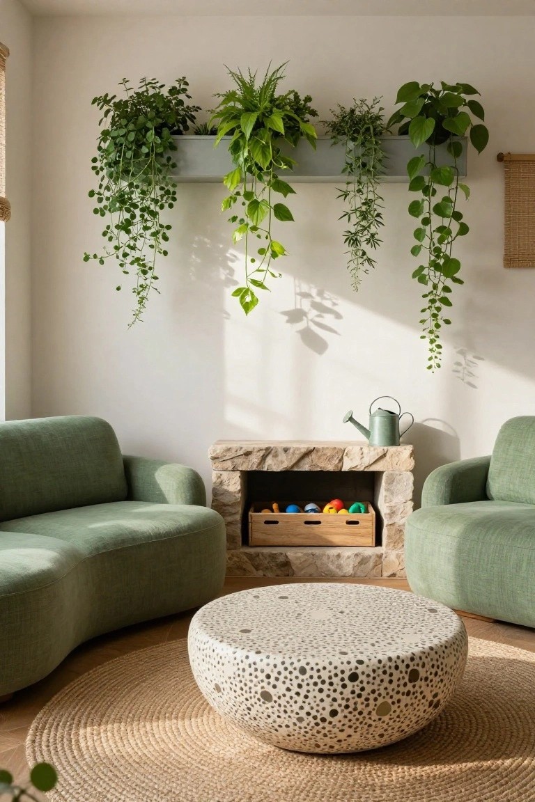 A living room with two curved green upholstered sofas arranged around a round white polka-dotted coffee table on a seagrass rug, stone fireplace with wooden toy box containing colorful balls, wall-mounted gray plant trough with trailing greenery, and a green watering can on the mantel.