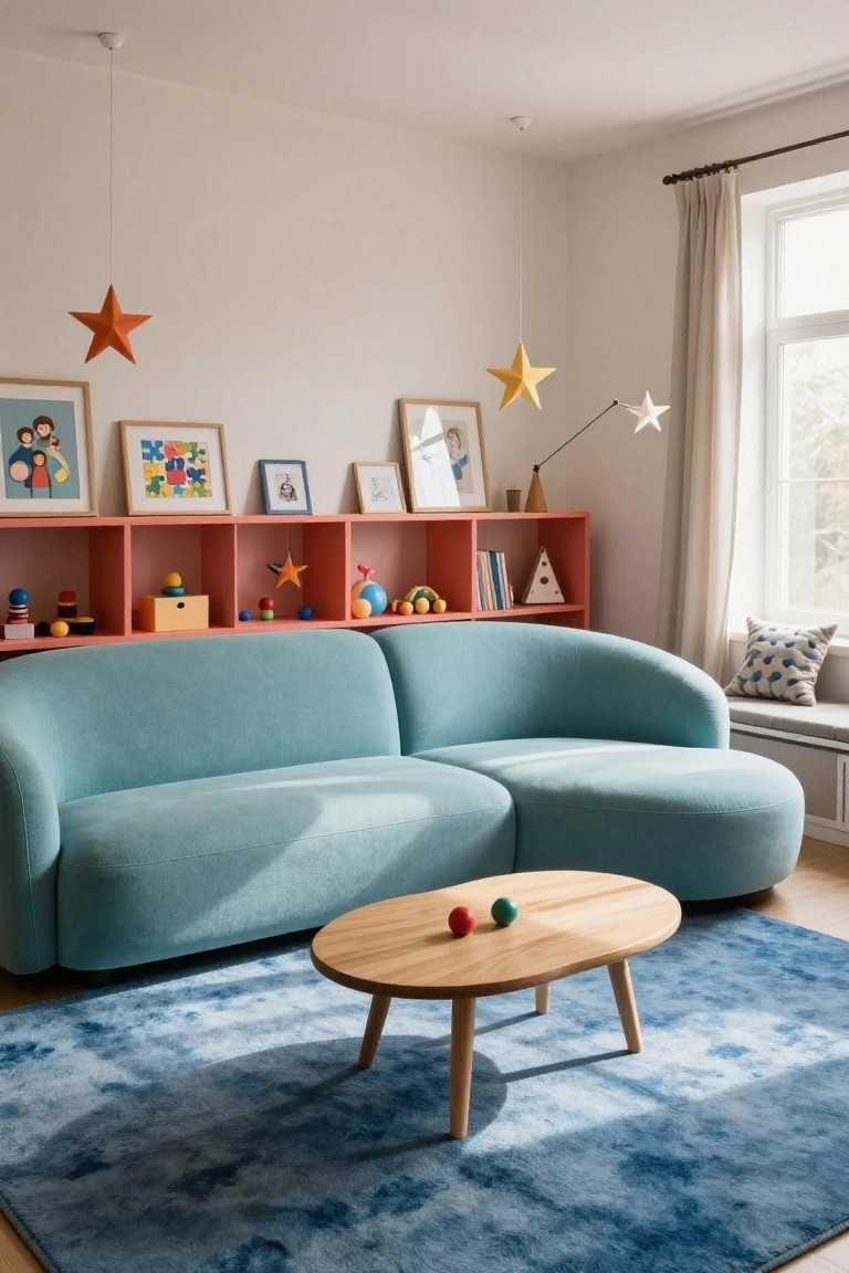 A bright children's living room with a large curved teal sofa, orange shelving full of toys and books, hanging paper stars, a wooden oval coffee table with two balls, and a blue rug.
