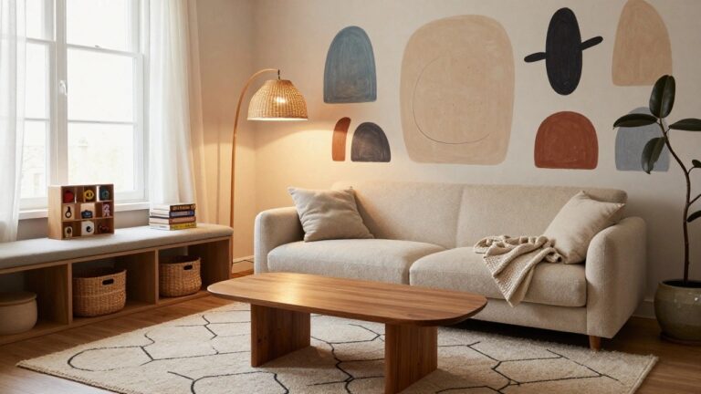 A living room with teal sofa draped in a white throw, wooden coffee table with stacked books and wicker baskets, abstract organic shapes painted on white wall in orange teal green and purple, tall arched rattan lamp lit up, potted plants on windowsill and floor, hexagonal white rug on wood floor.
