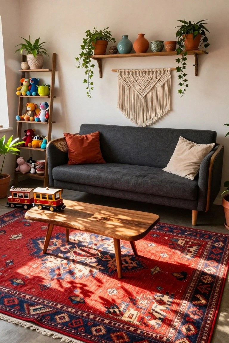 Cozy living room with gray fabric sofa, wooden coffee table holding a red toy train, red and blue patterned rug, wooden ladder shelf displaying colorful stuffed toys and plants, macrame wall hanging, various potted plants, and ceramic pots on shelves.