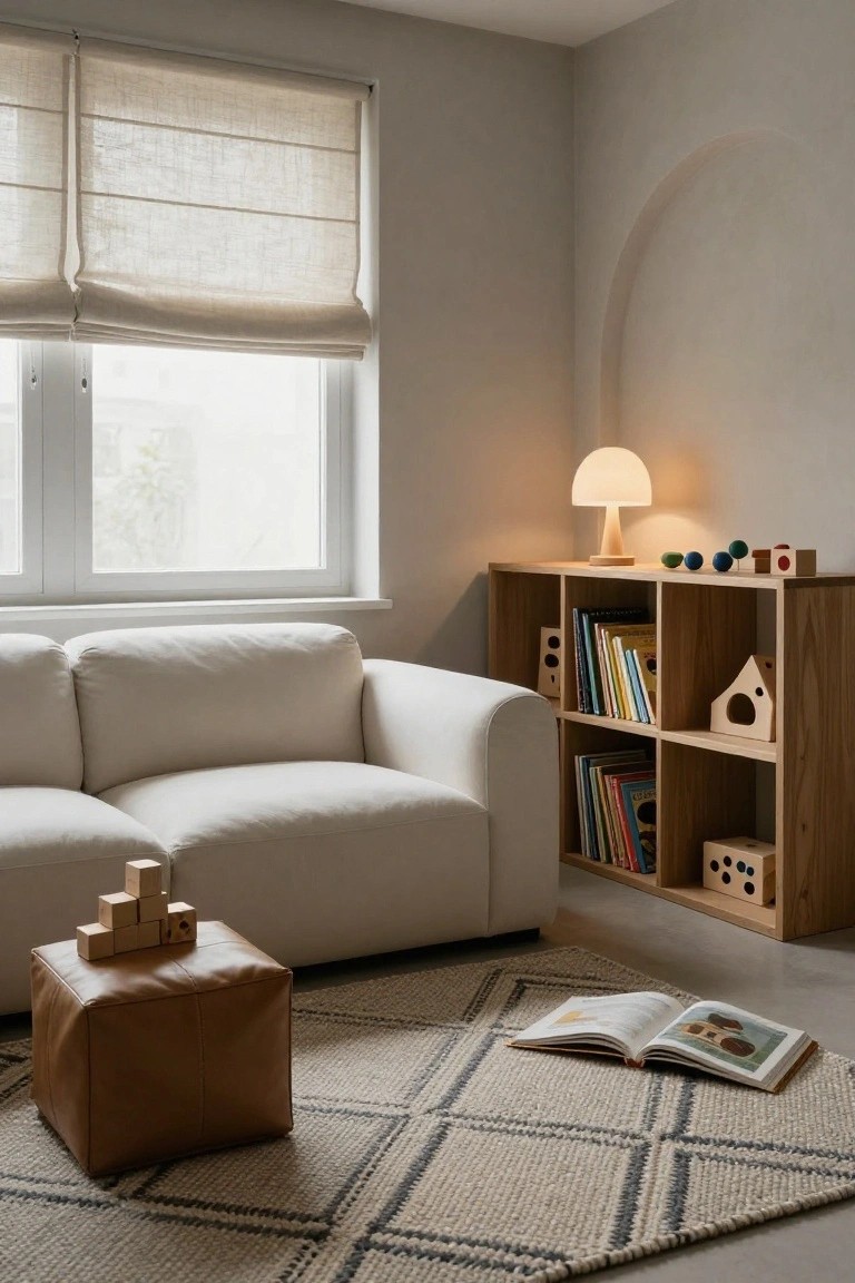 Light beige living room with white curved sofa, wooden open shelving unit stocked with children's books and wooden toys, tan leather pouf topped with wooden blocks, open book on gray patterned rug, linen window shades, and white mushroom lamp on shelf.