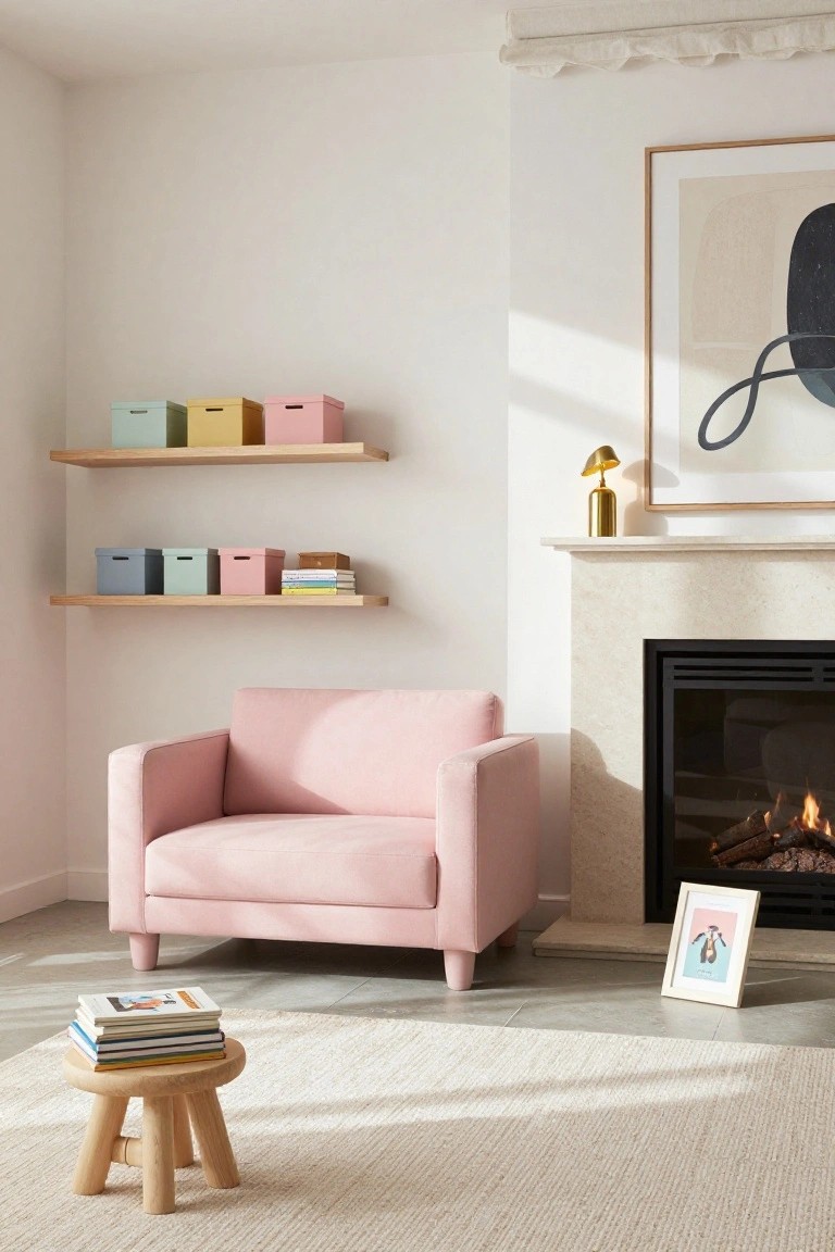 Living room corner with a pink upholstered armchair facing a stone fireplace with gas logs burning, wooden open shelves above holding pastel colored boxes and books, a small wooden stool with stacked books in front, cream rug on the floor, and a gold lamp on the mantel.