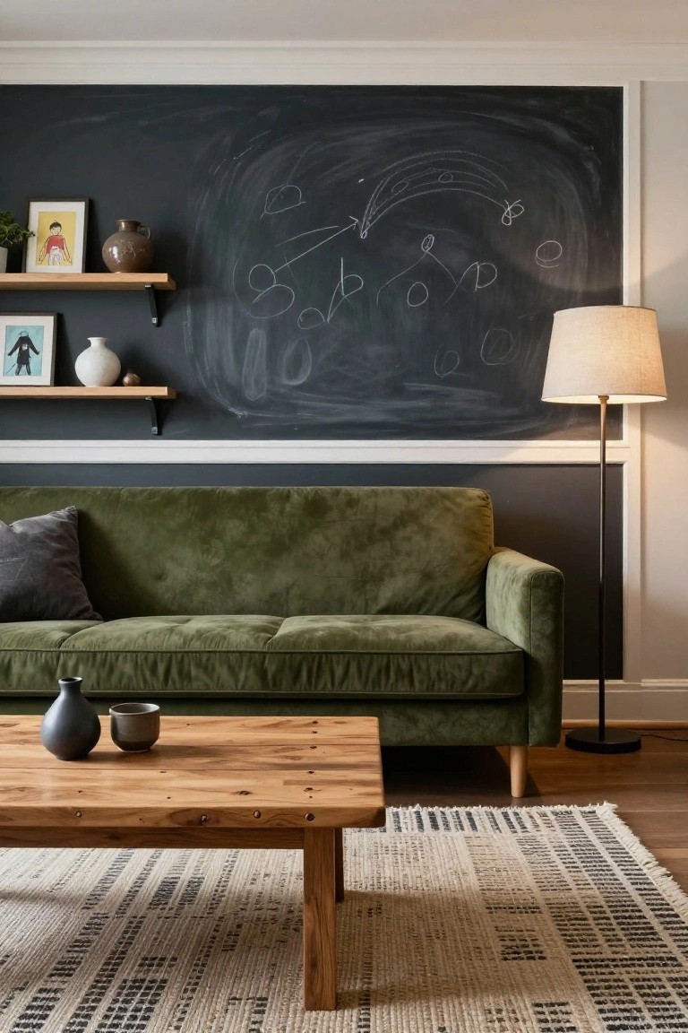 Living room with a large black chalkboard wall covered in white chalk drawings, wooden floating shelves displaying art frames, vases, and plants, green velvet sofa, wooden coffee table with black vase and cup, beige floor lamp, and striped rug.
