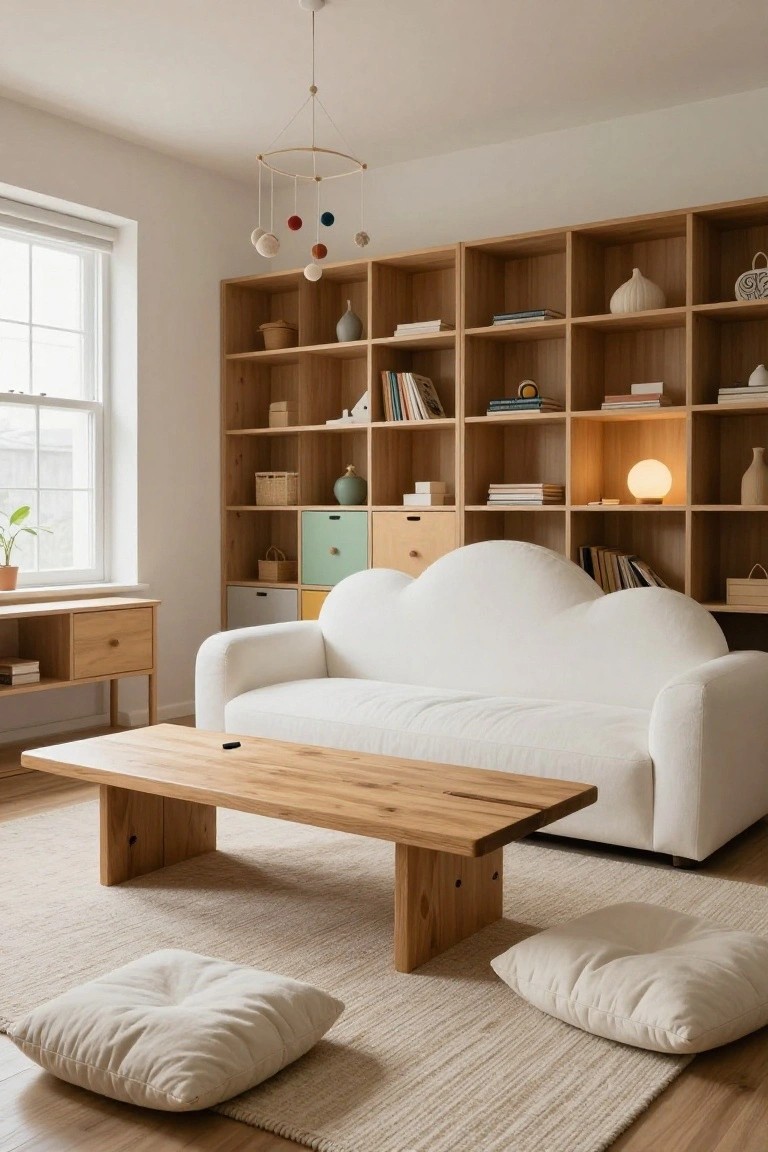 A minimalist living room with a large white cloud-shaped sofa, extensive wooden bookshelves stocked with books and ceramics, a low wooden coffee table, floor cushions on a rug, and a hanging mobile above.