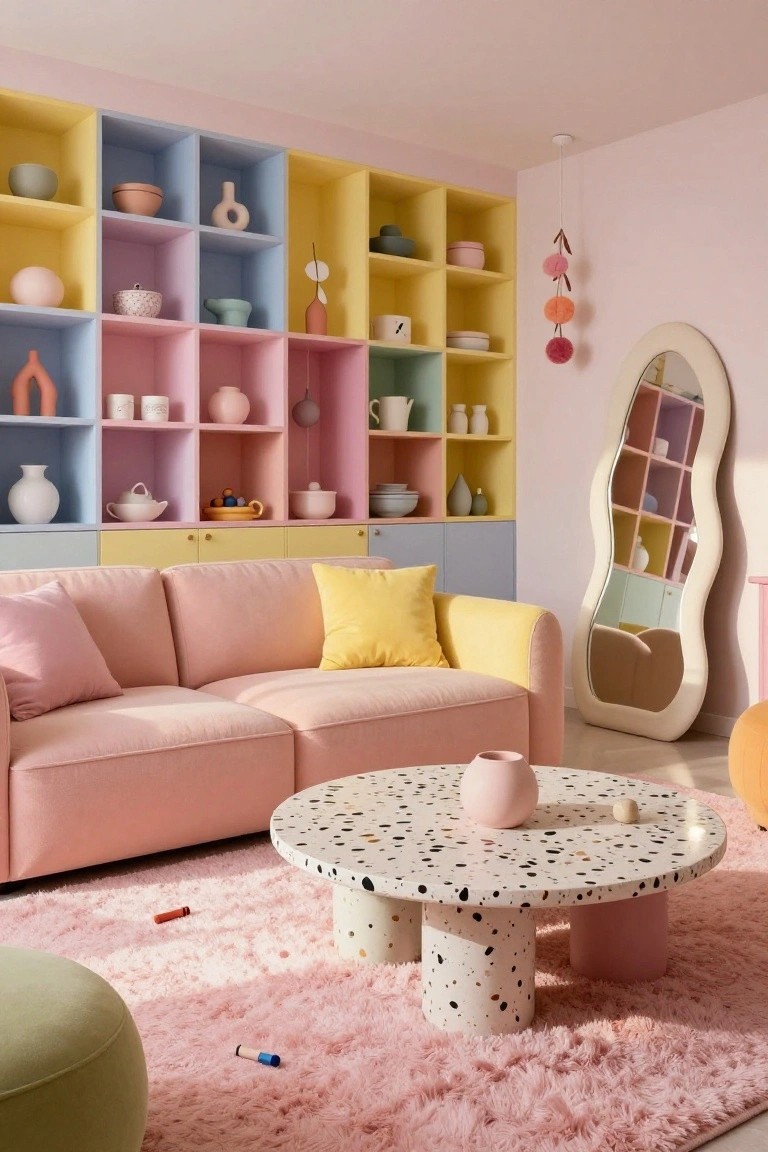 Living room with extensive wall shelving in pastel colors displaying ceramics, vases, and decor items, pink modular sofa, terrazzo coffee table, green pouf, and curved white mirror.