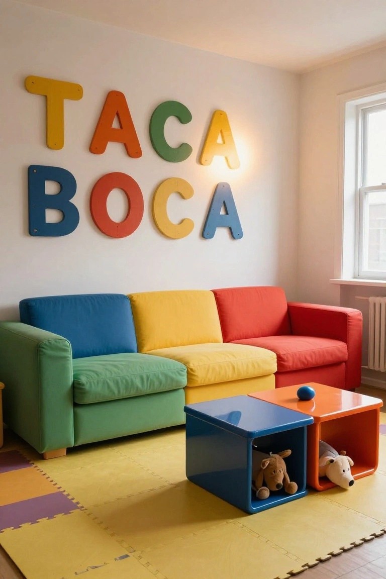 Children's playroom with a multicolored modular sofa in blue, green, yellow, and red sections, two cube tables holding stuffed dogs, large wooden letters on the wall, and foam play mats on the floor.