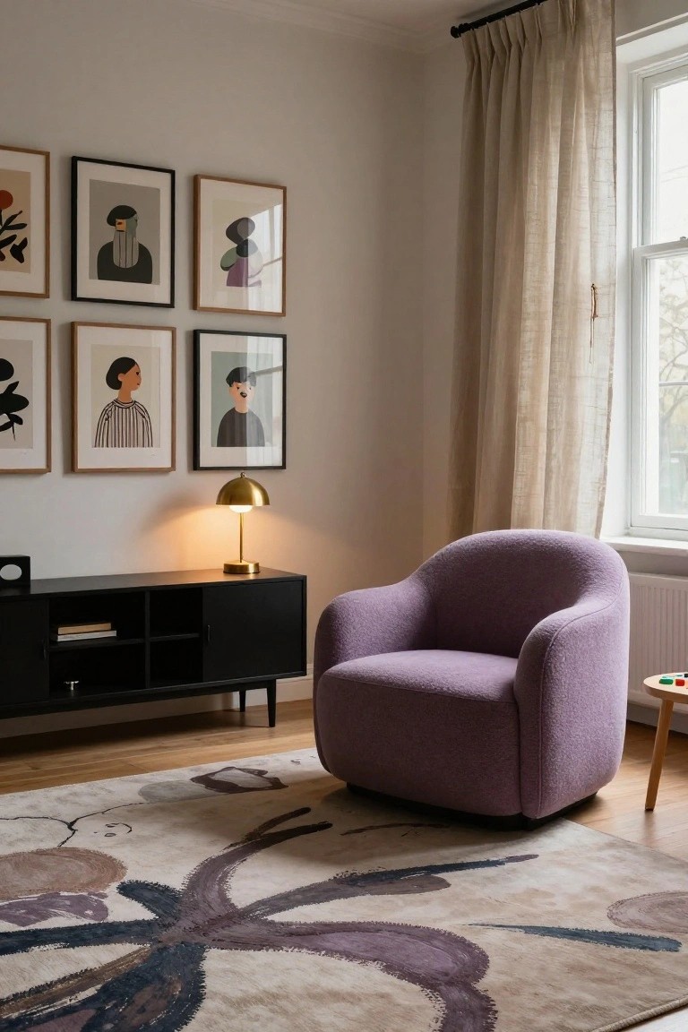 Living room corner with plush purple armchair beside black credenza holding books and gold lamp, four abstract portrait prints on walls, linen curtains at window, and large abstract-patterned rug on wood floor.