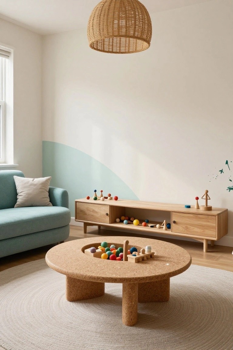 A bright playroom featuring a round cork coffee table with colorful wooden balls and toys in its center bowl, wooden TV console with open toy storage, teal fabric sofa, and a curved teal-painted wall accent.