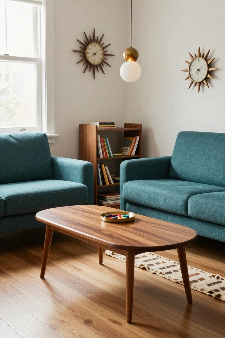 Living room corner with two facing teal fabric sofas around an oval wooden coffee table holding a tray of crayons, wooden bookshelves with books, two sunburst wall clocks, white walls, a hanging white glass pendant light with gold accents, and light wood floors.
