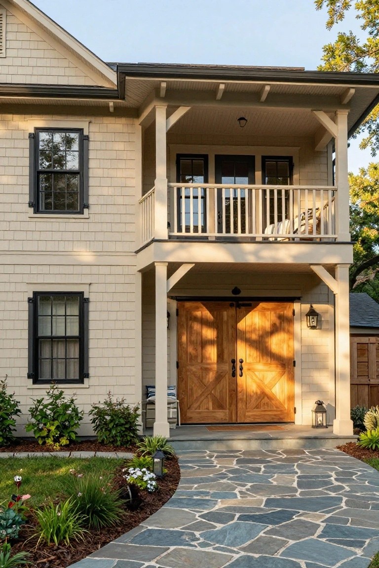 Two-story beige shingle house exterior featuring a balcony over wooden double front doors, black-trimmed windows, porch supports, and a curved stone pathway with surrounding plants and landscaping.