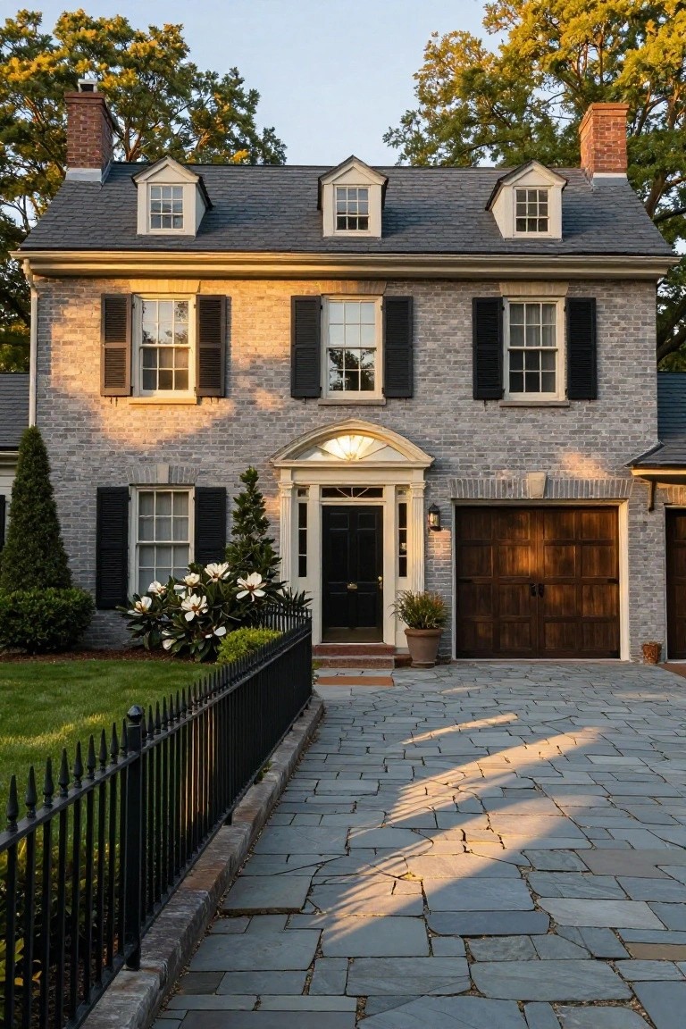 Two-story gray brick colonial house exterior featuring gabled dormers, black shutters on multi-pane windows, arched portico entry with black door, wooden garage doors, iron fence, lawn, and front plantings including arborvitae trees and a magnolia bush.