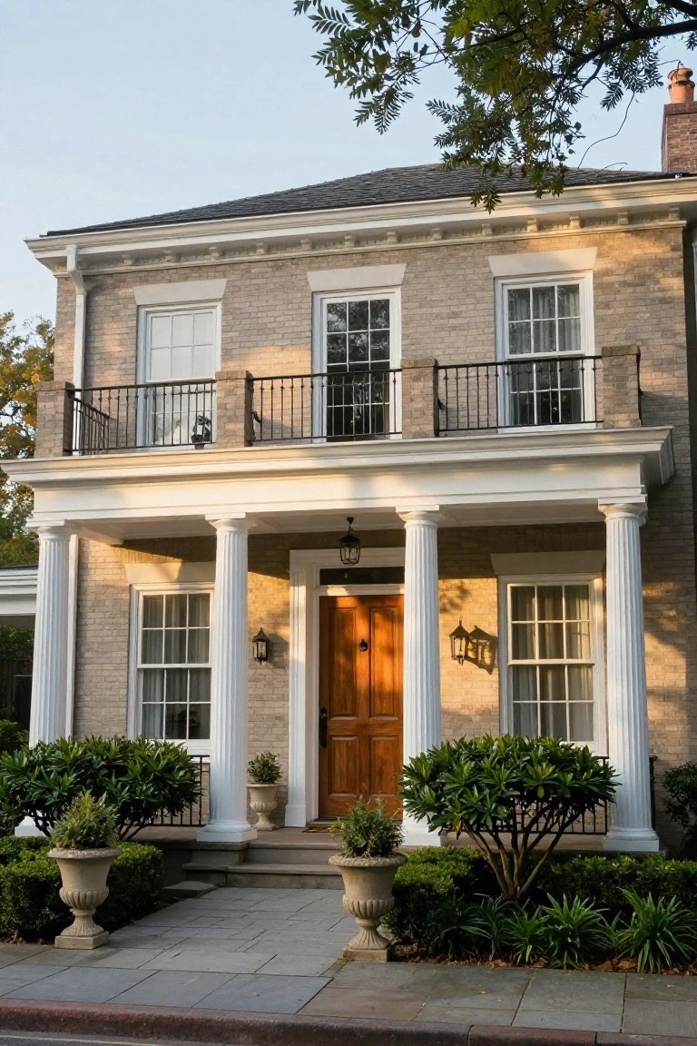 Two-story beige brick house with white fluted columns supporting a covered porch, second-floor balcony with black metal railing, wooden front door flanked by lanterns, and low potted shrubs on a stone pathway.