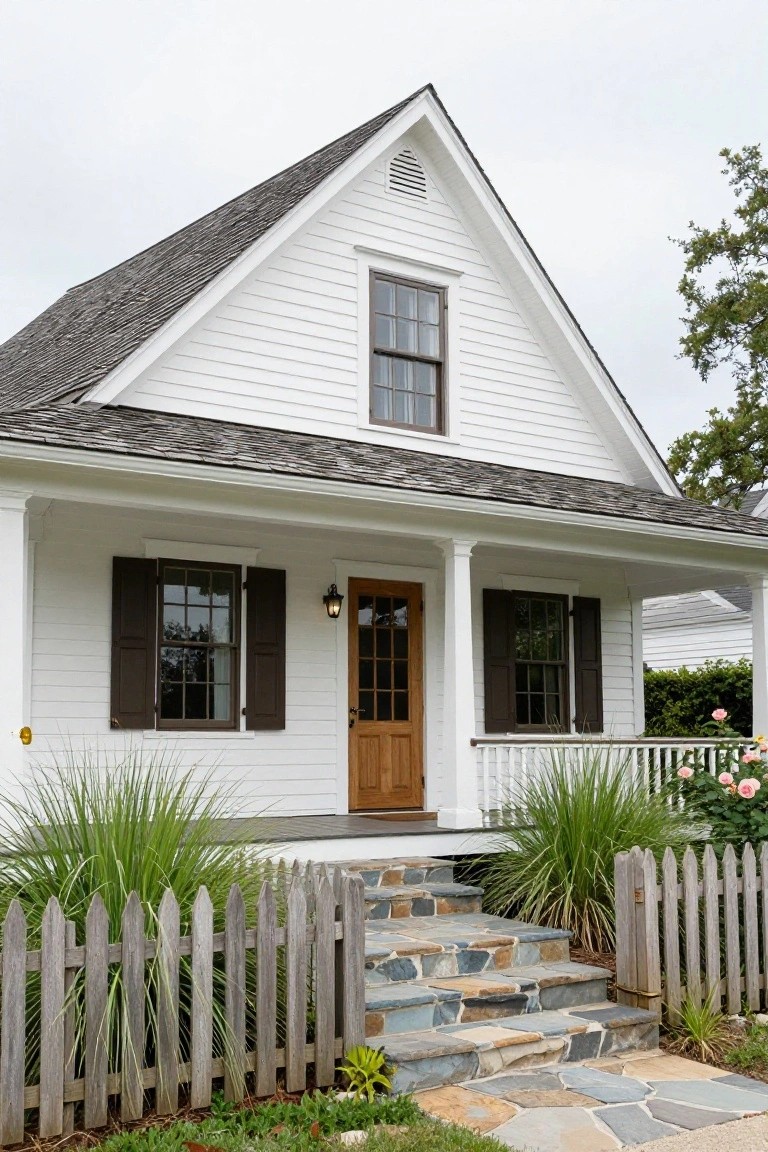A two-story white clapboard house with gabled roof, covered front porch on columns, dark shutters beside multipane windows, wooden front door with lantern light, stone steps to porch, white picket fence, and grasses with roses nearby.