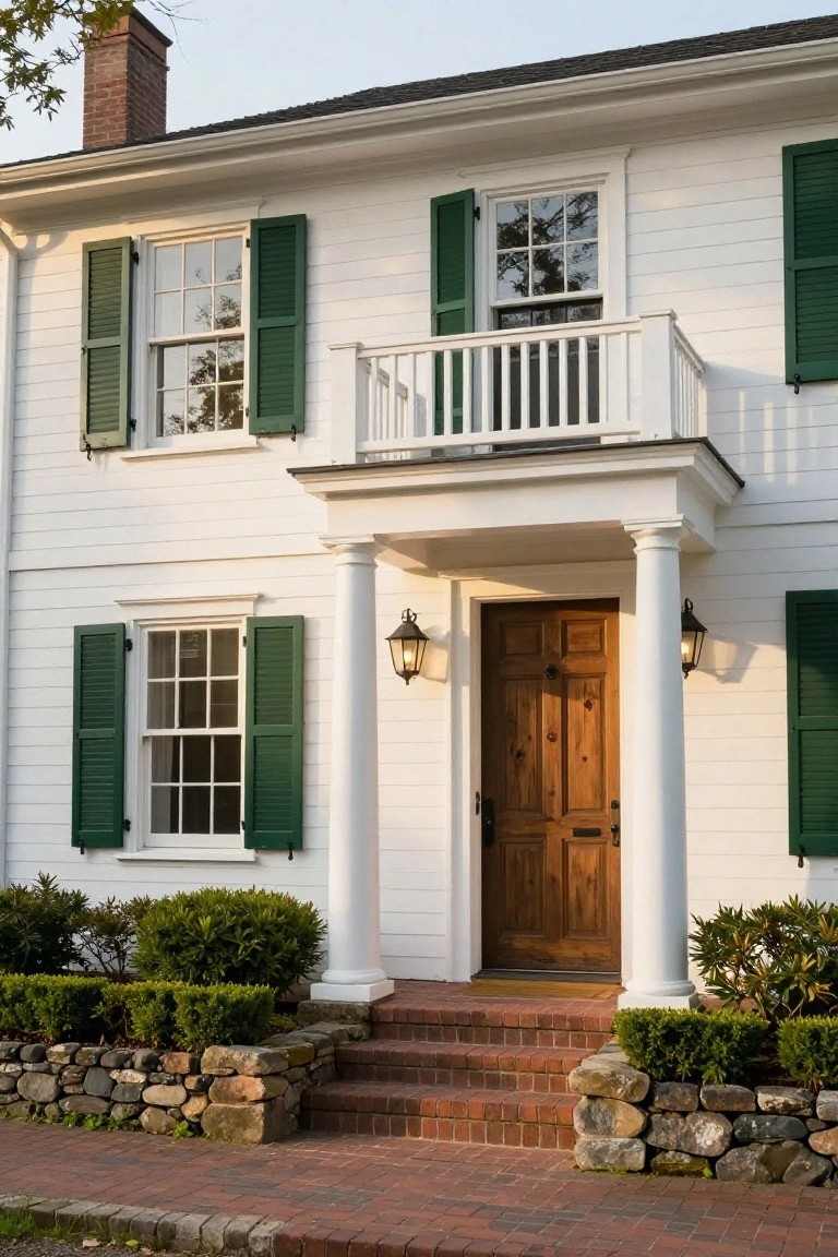 Two-story white clapboard colonial house with green shutters, featuring a central portico supported by columns, wooden double front door flanked by lanterns, brick entry steps, stone retaining walls, and low shrubs.