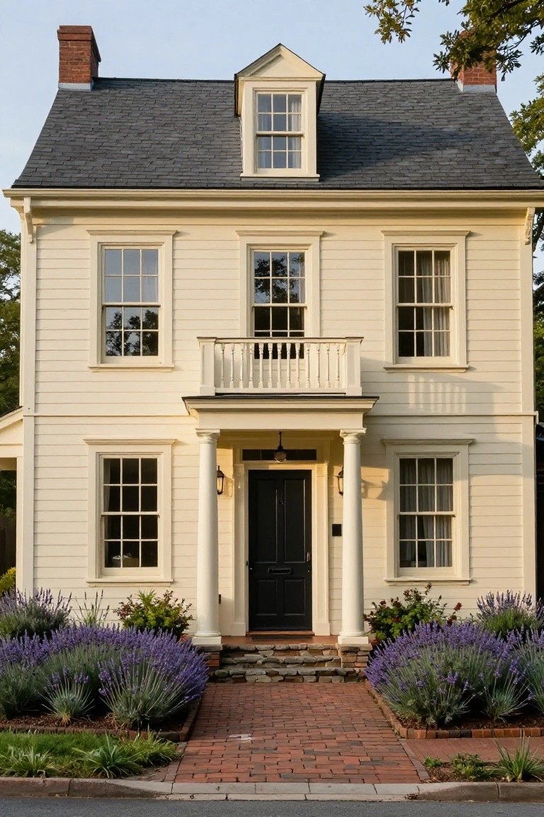 Two-story pale yellow clapboard house with dark gray shingle roof, white columned porch, black front door, symmetrical windows, brick entry path, and lavender plantings on both sides.