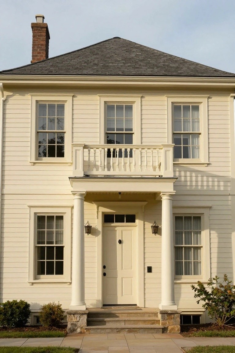 Two-story yellow clapboard house with gabled roof, brick chimney, columned front porch, symmetrical multi-pane windows, and stone steps on a paved walkway.