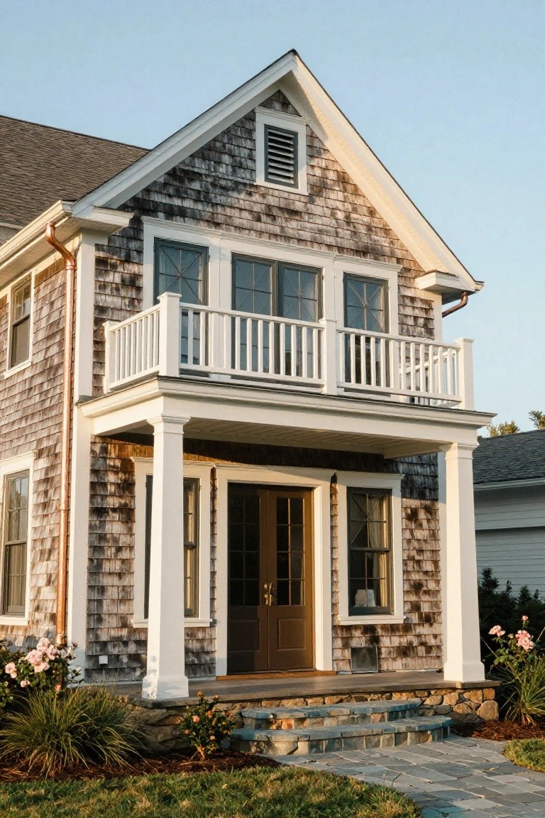 Two-story house exterior with gray shingle siding, white trim and balcony railing, columns supporting a covered porch, dark wood double front doors, stone steps, and low landscaping with pink flowers.
