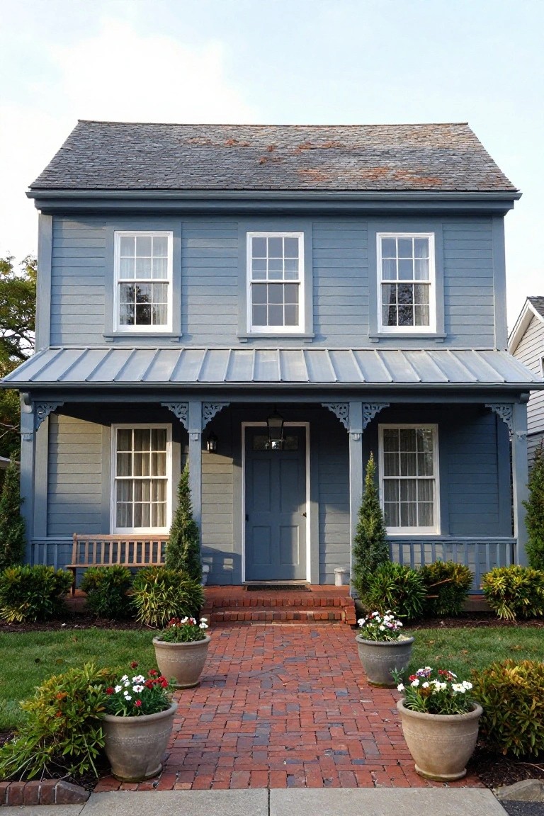 Two-story blue clapboard house with symmetrical multi-pane windows, covered front porch with brackets, centered blue door, brick walkway flanked by large terracotta pots of flowers, and potted evergreens beside the porch.