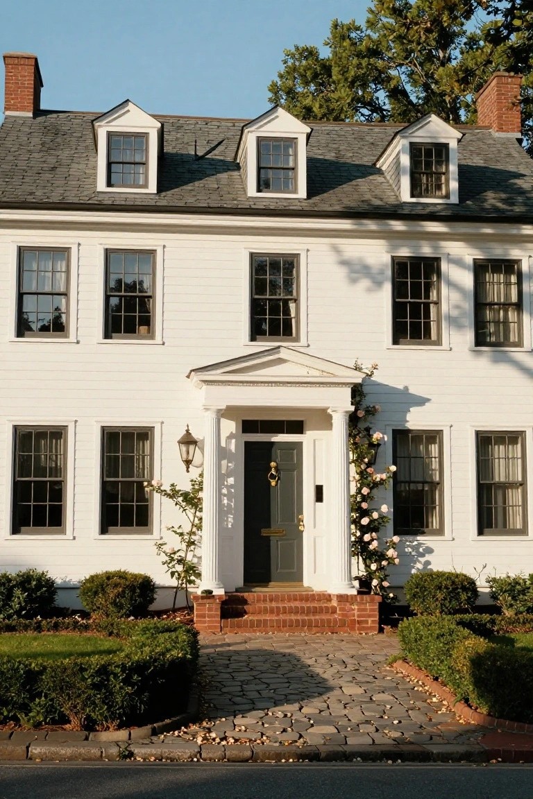 Two-story white clapboard colonial house with gray shingle roof, dormer windows, symmetrical multi-pane windows, central portico entry supported by columns covered in pink climbing roses, dark green door, brick steps, and boxwood shrubs in the front yard.