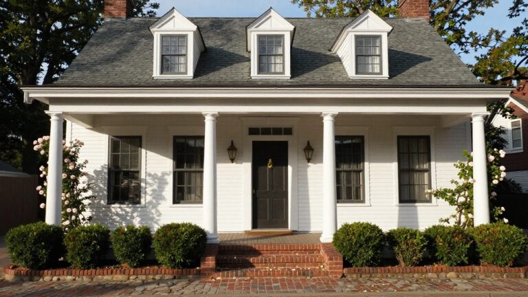 Two-story white clapboard colonial house with gray shingle roof, dormer windows, symmetrical multi-pane windows, central portico entry supported by columns covered in pink climbing roses, dark green door, brick steps, and boxwood shrubs in the front yard.