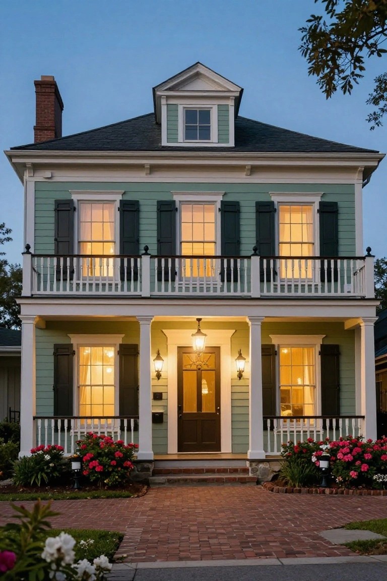 Two-story Colonial house exterior with light green siding, black shutters, white trim, balcony railing, porch with lanterns and dark wood door, lit windows, brick walkway, and flower beds.