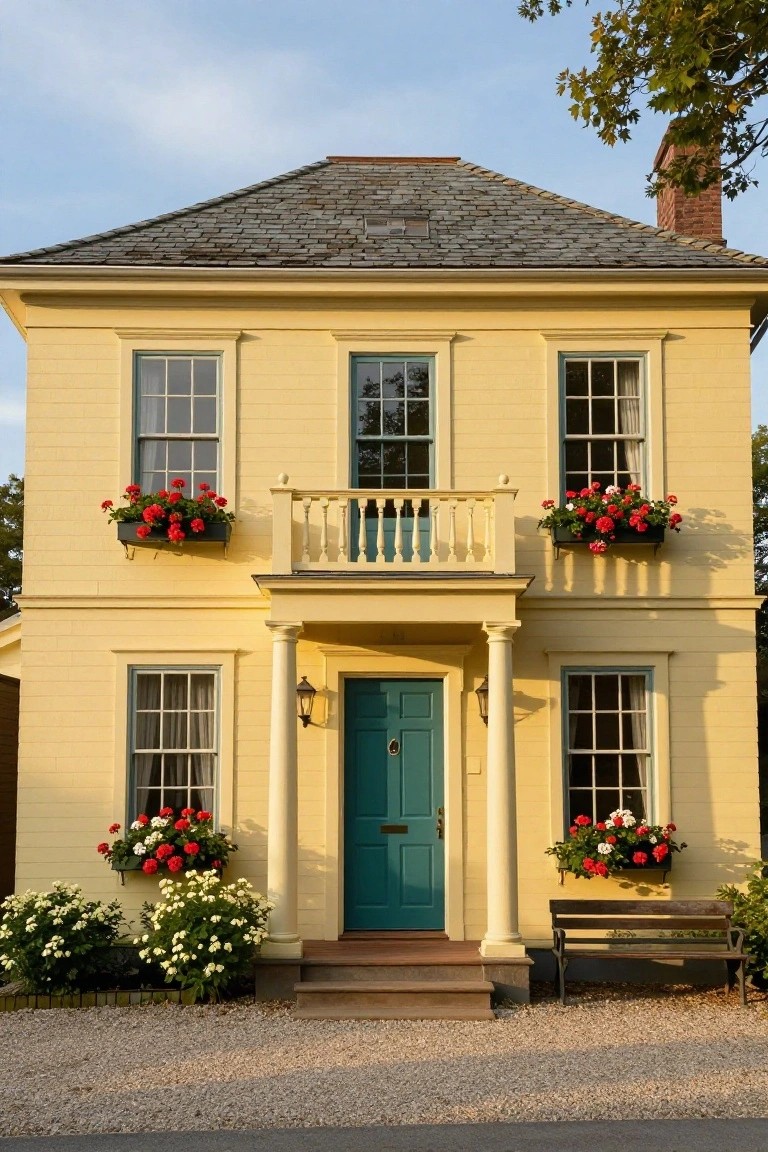 Two-story yellow clapboard colonial house with teal front door, white columns on porch, red flower boxes on windows and balcony, white hydrangeas by entrance, and gravel driveway under blue sky.