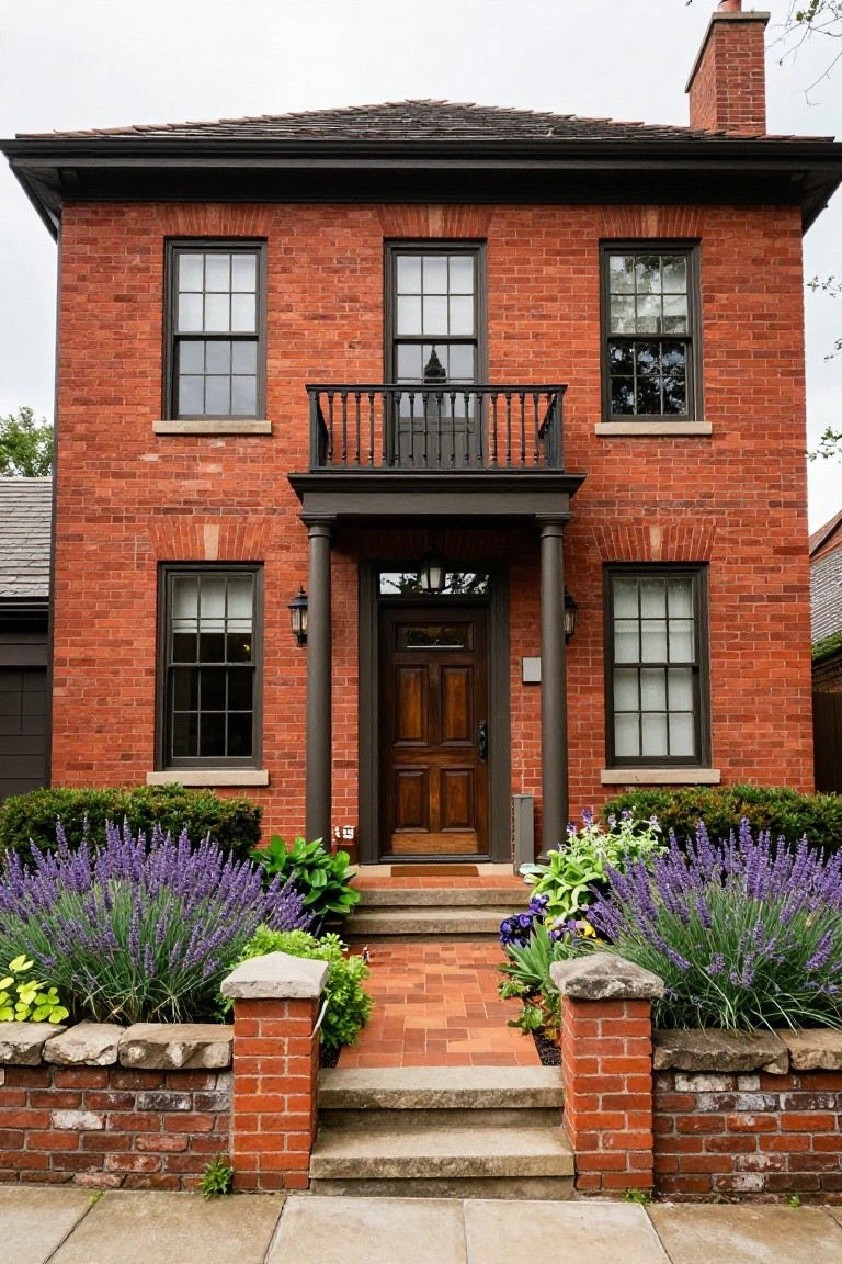 Two-story red brick house with black window frames, a second-floor balcony, covered front porch supported by dark columns, wooden door, and lavender plants bordering the brick walkway.