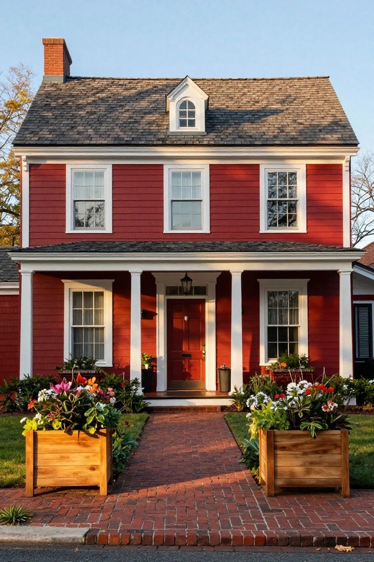 Two-story colonial house with red clapboard siding, white trim and porch columns, brick walkway flanked by wooden planters with colorful flowers, and potted plants near the entrance.