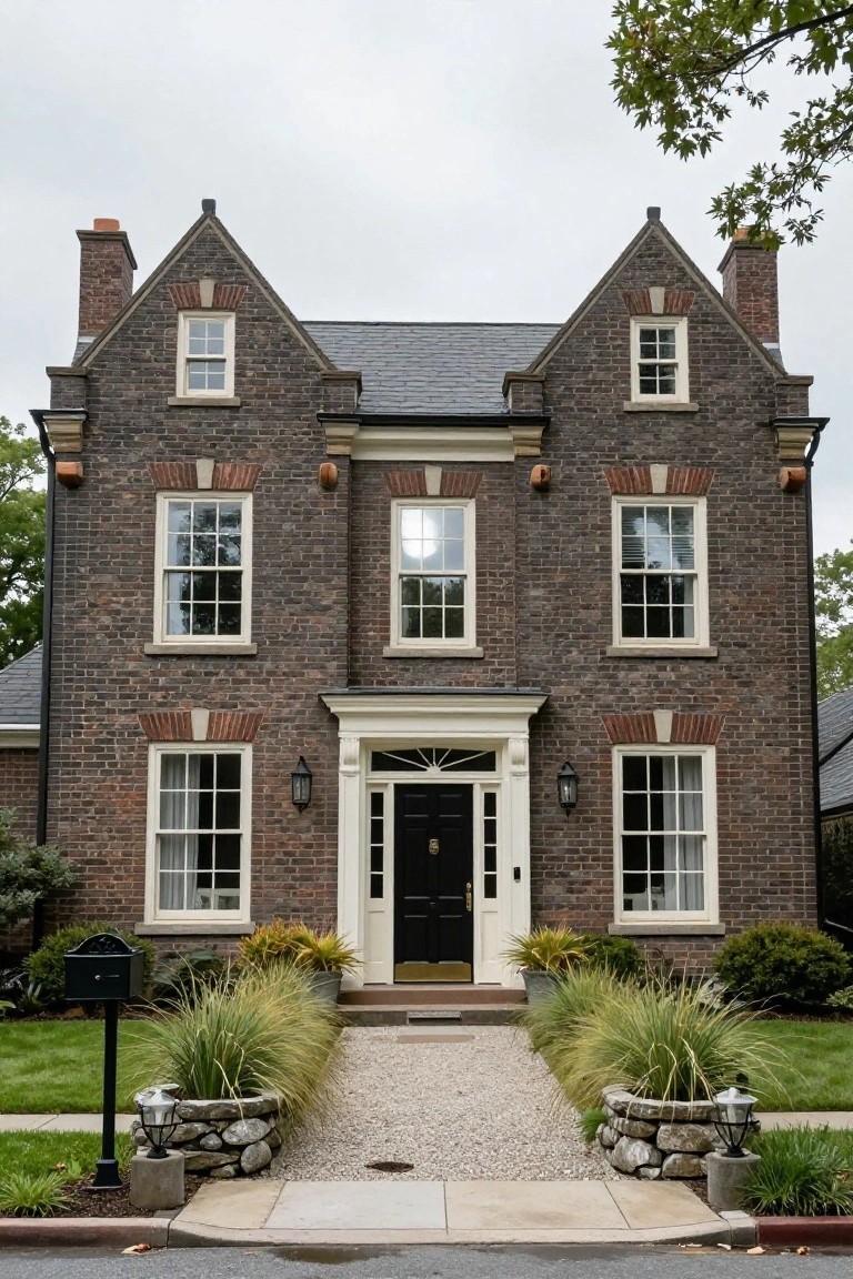 Two-story dark brick house with gabled slate roof, symmetrical white-trimmed windows, black front door flanked by lanterns, gravel path, and grass plantings in stone-ringed beds.