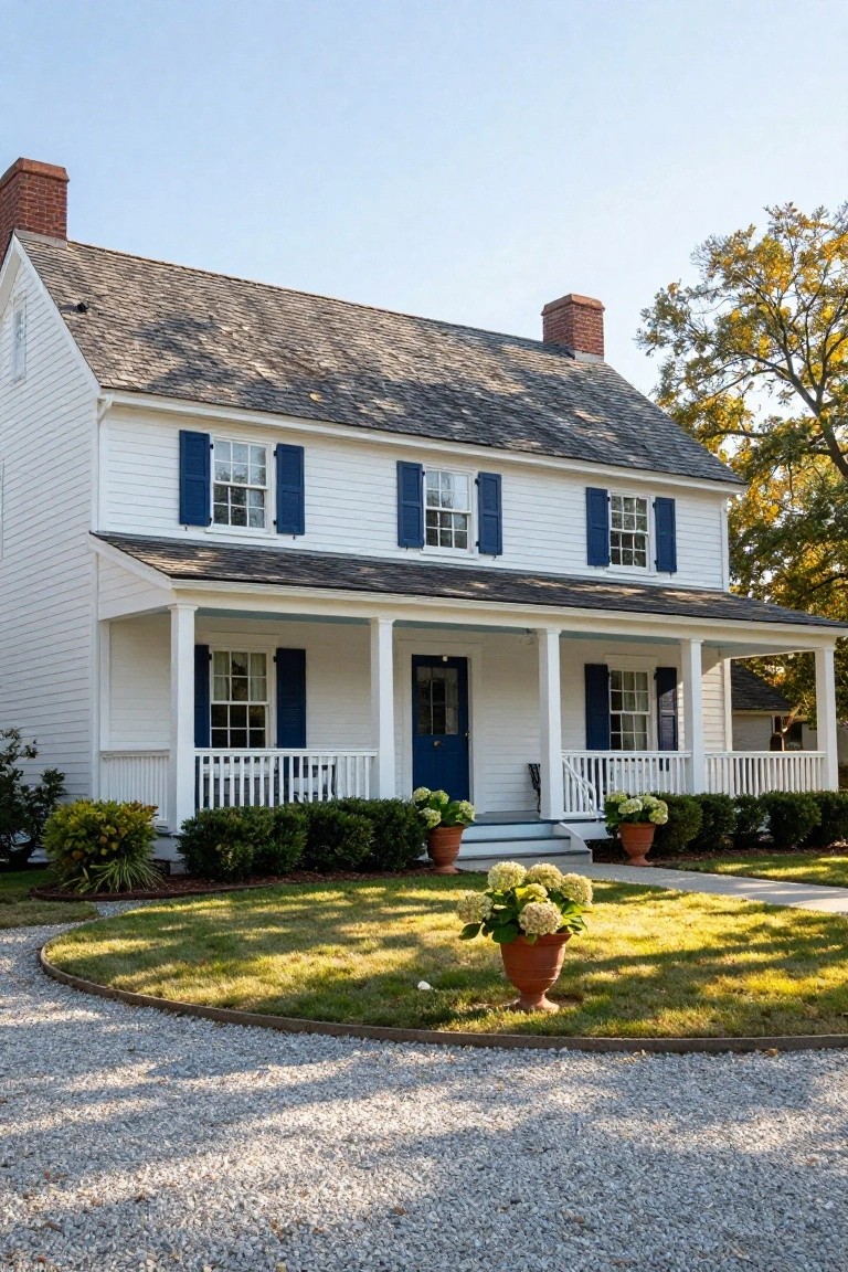 Two-story white clapboard colonial house with navy blue shutters and front door, white porch columns, potted hydrangeas, and gravel driveway.