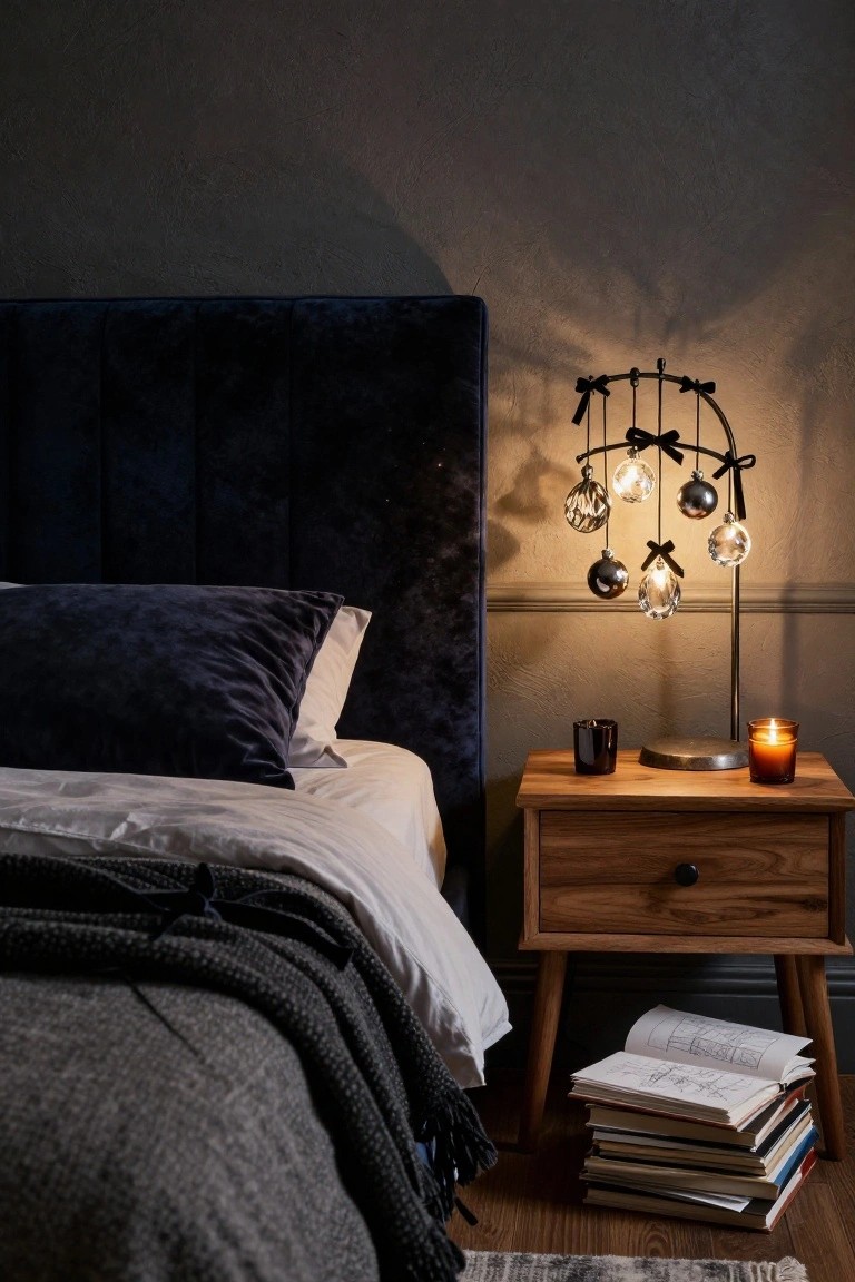 Close-up of a wooden nightstand beside a bed, holding a table lamp with hanging glass and metallic Christmas ornament bulbs on a black metal frame, a black mug, candle, and stack of books.