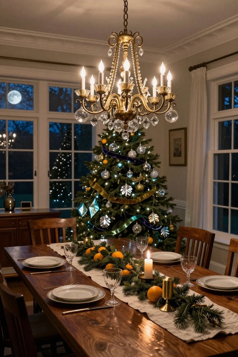 Dining room interior featuring a tall Christmas tree decorated with blue metallic diamond and leaf ornaments, navy ribbons, gold and silver balls, a wooden table set with white plates, wine glasses, candles, oranges, and evergreen runners under a lit chandelier at night.